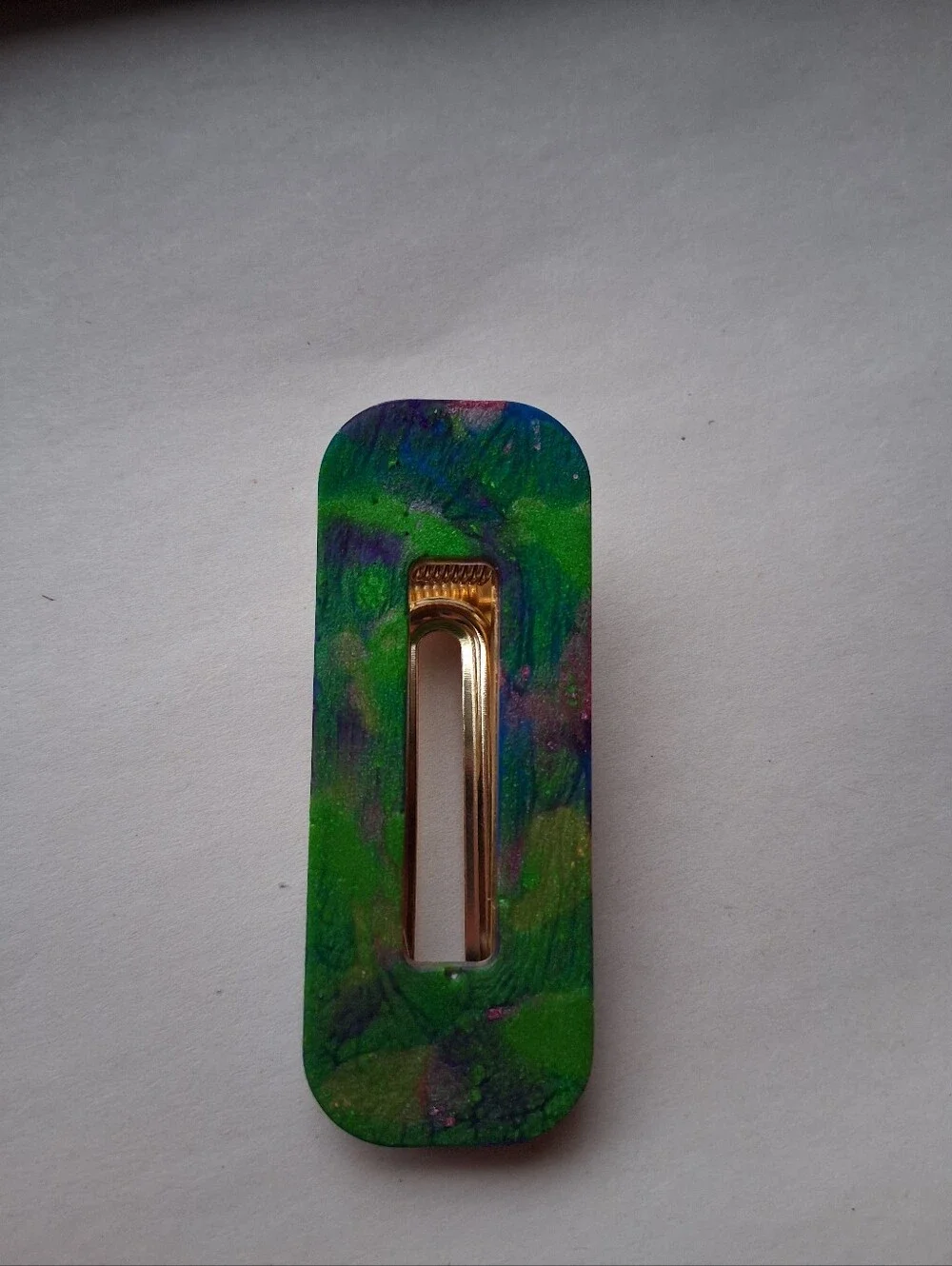 5/$25 Hand Crafted Green and Blue Marble Hair Clip with Gold Accent